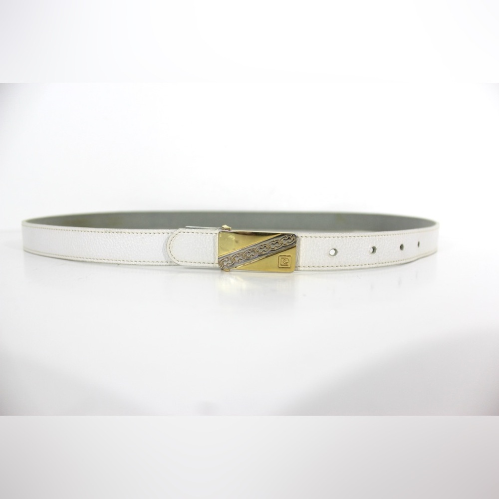 Vintage Pierre Cardin Skinny White Leather Belt, Narrow Gold and Silver Buckle